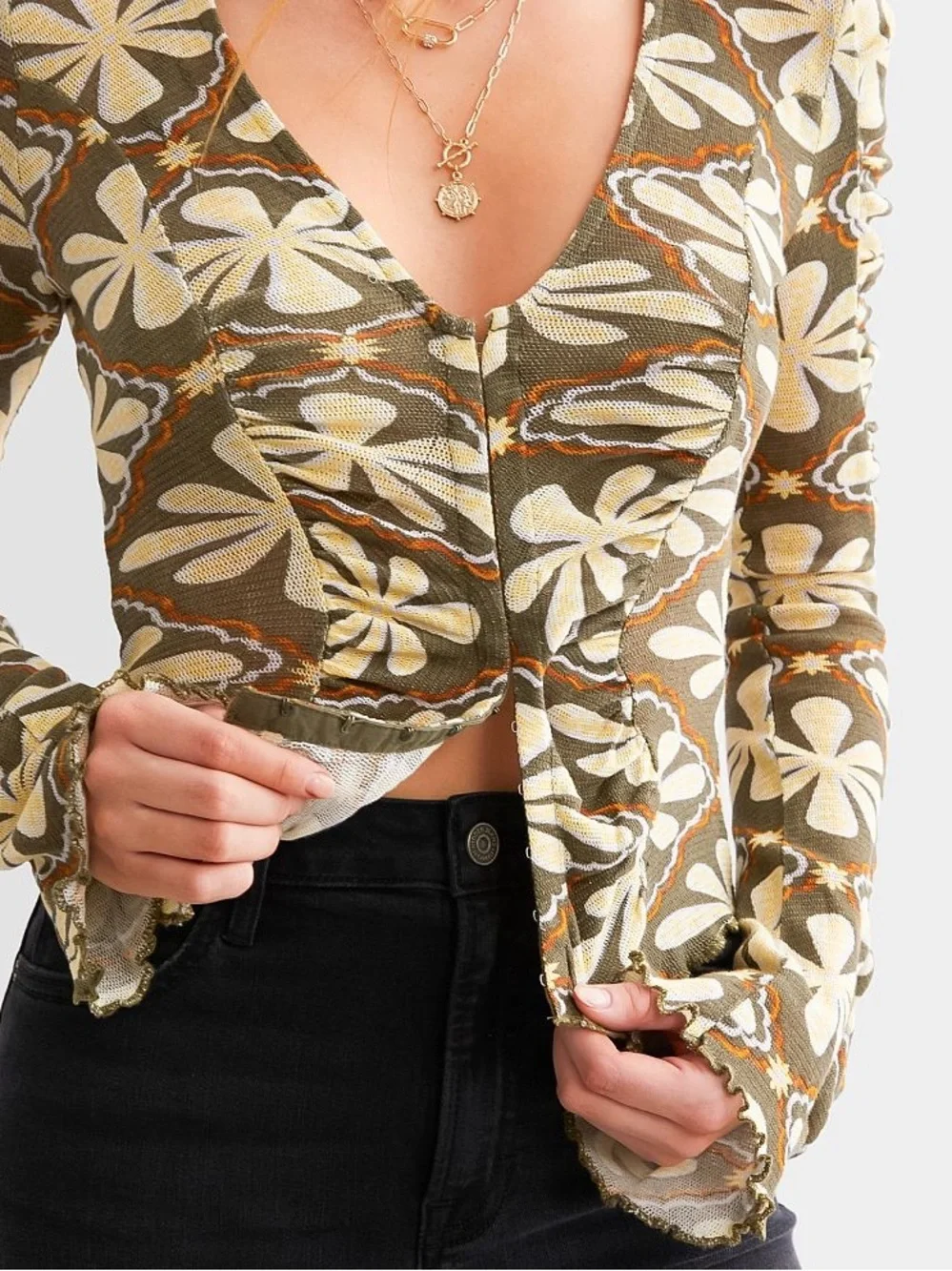 Free People Through The Meadow Ruched Mesh Top Boho V-Neck Cream Floral Green